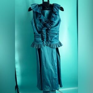 Tadashi Shoji Teal Metallic Iridescent Stretch Sleeveless Skirt Set Suit Size 6